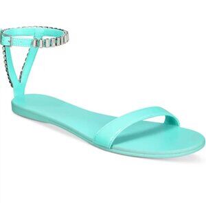 NEW AAJ By Aminah Womens Viktoria Embellished Flate Teal 7 Ankle strap Sandals